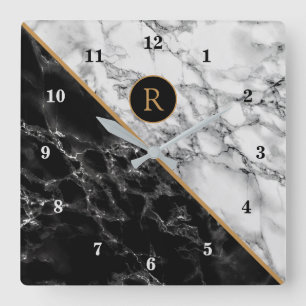 Monogram wandklok met zwarte witte marmer Stone Vierkante Klok