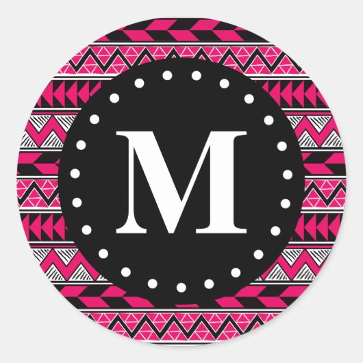 Monogram warm roze tribaal Chevron Pattern Ronde Sticker (Voorkant)