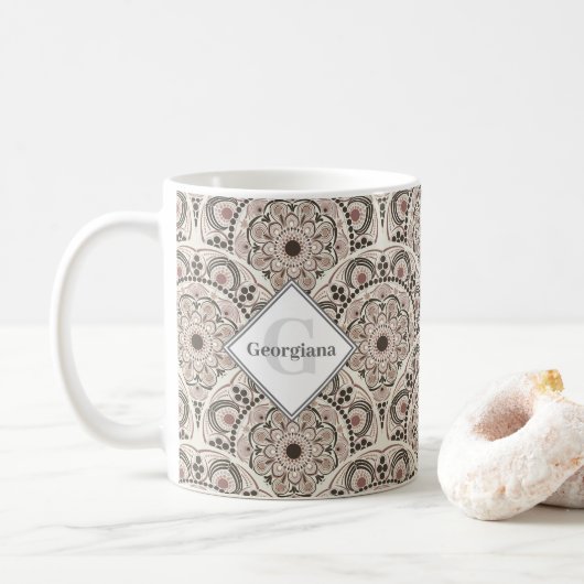 Monogram Warme Neutrale Dot Mandala Art Deco Schal Koffiemok (Met donut)
