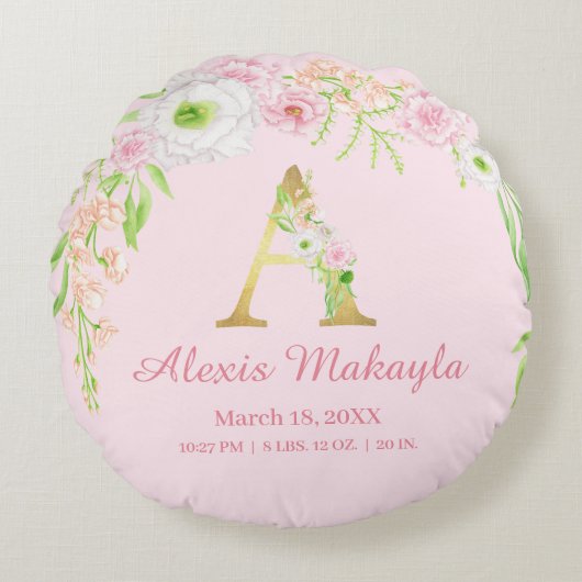 Monogram Watercolor Baby Stats Rond Kussen (Voorkant)