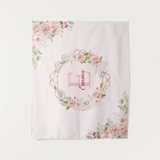 Monogram Watercolor Blush Pink Rose Flowers Floral Wandkleed (Voorkant)