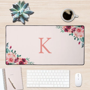 Monogram Watercolor Boho Roze Bourgondië Bloemen Bureaumat