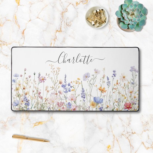 Monogram Watercolor Colorful Pretty Wildflower Bureaumat