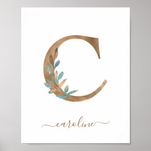 Monogram Watercolor Floral Gold Letter C Poster