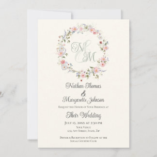 Monogram Watercolor Floral Wreath Wedding Kaart