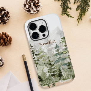Monogram Watercolor Groen Dennenbos op de Berg Case-Mate iPhone 14 Pro Hoesje