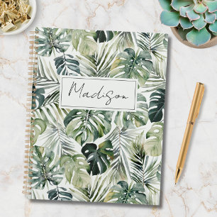 Monogram Watercolor Groen Tropisch Blad Patroon Notitieboek
