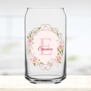 Monogram Watercolor Roze Bloem Bloemen Floral Blikvorm Glas