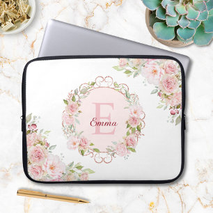 Monogram Watercolor Roze Rozen Bloemen Bloemig Laptop Sleeve