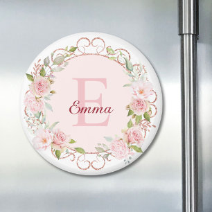 Monogram Watercolor Roze Rozen Bloemen Bloemig Magneet