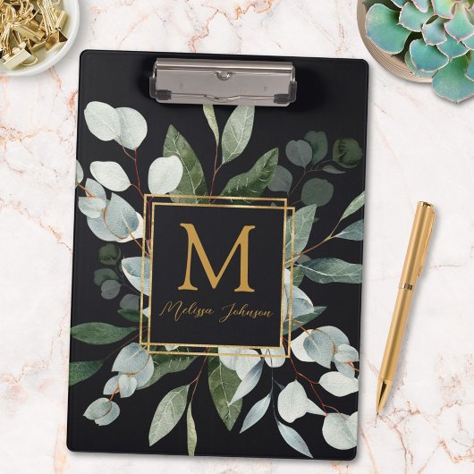 Monogram Watercolor Tropical Eucalyptus Black Klembord