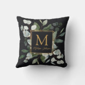 Monogram Watercolor Tropical Green Leaves Black Kussen (Achterkant)