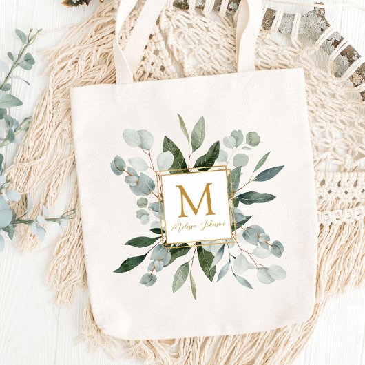 Monogram Watercolor Tropical Green Leaves Tote Bag