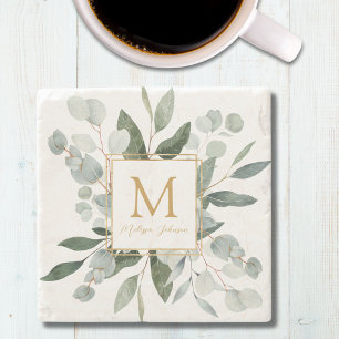 Monogram Watercolor Tropische Groene Bladeren Stenen Onderzetter