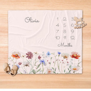 Monogram Watercolor Wilde Bloem Mijlpaal Baby Fleece Deken