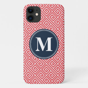 Monogram watermeloen roze Grieks sleutelpatroon iPhone 11 Hoesje