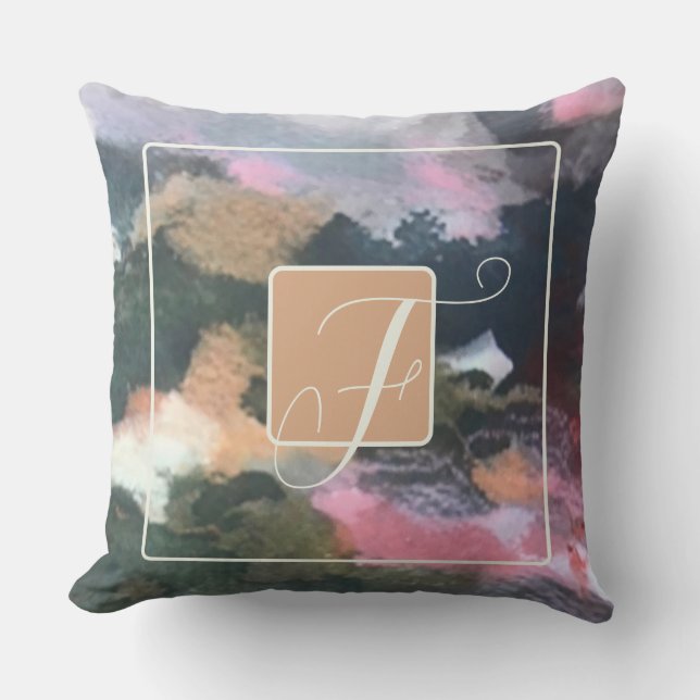 Monogram waterverf abstract bruin sinaasappel roze kussen (Voorkant)