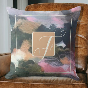 Monogram waterverf abstract bruin sinaasappel roze kussen