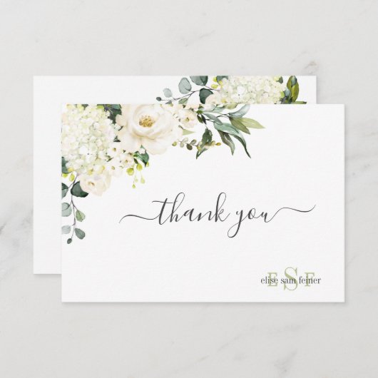Monogram Waterverf Alabaster Rozen Hydrangea Bedankkaart (Voorkant / Achterkant)