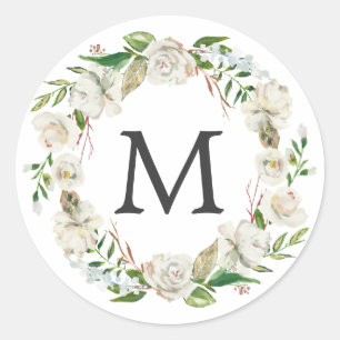 Monogram Waterverf Antiek Wit Bloemen Krans Ronde Sticker