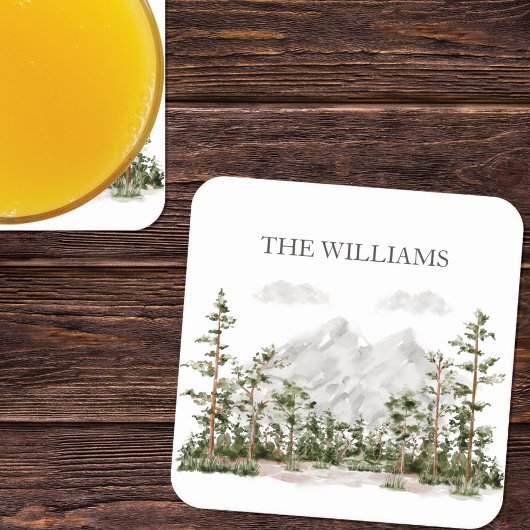 Monogram Waterverf Berg en Bos Vierkante Kartonnen Onderzetter