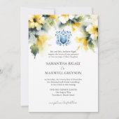 Monogram Waterverf Blauw en Geel Formele Bruiloft Kaart (Voorkant)