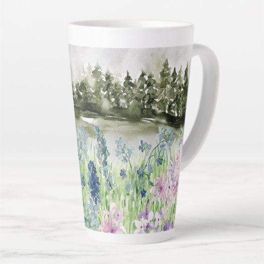 Monogram Waterverf Blauw Paarse Bloemenweide Latte Mok (Rechterhoek)