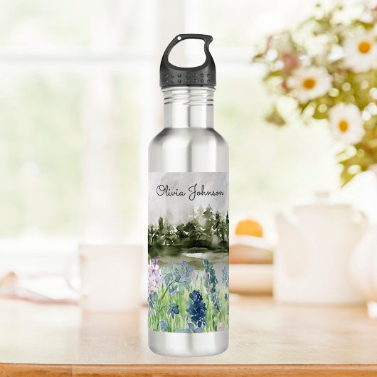 Monogram Waterverf Blauw Paarse Bloemenweide Waterfles