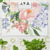 Monogram Waterverf Blauw Roze Lente Bloemen Theedoek (Gevouwen)