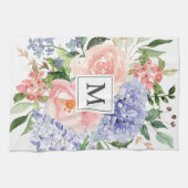 Monogram Waterverf Blauw Roze Lente Bloemen Theedoek (Horizontaal)