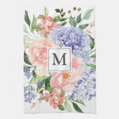 Monogram Waterverf Blauw Roze Lente Bloemen Theedoek (Verticaal)