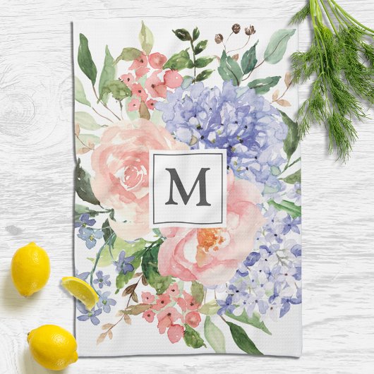 Monogram Waterverf Blauw Roze Lente Bloemen Theedoek