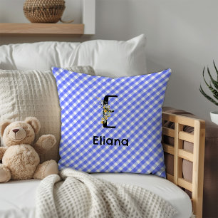 Monogram waterverf bloem geruit blauw minimalistis kussen