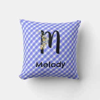 Monogram waterverf bloem geruit blauw patroon kussen