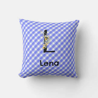 Monogram waterverf bloem geruit blauw patroon kussen