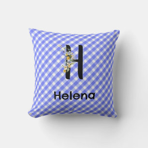 Monogram waterverf bloem geruit blauw patroon kussen