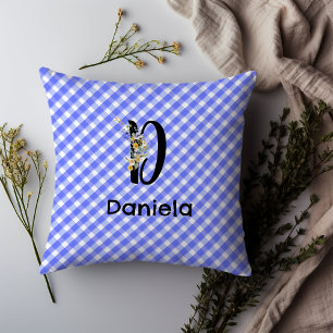 Monogram waterverf bloem gingham blauw minimalisti kussen
