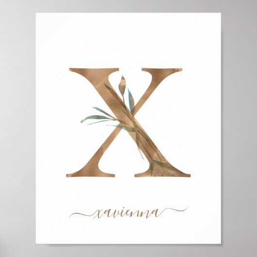 Monogram Waterverf Bloem Goud Letter X Poster (Voorkant)