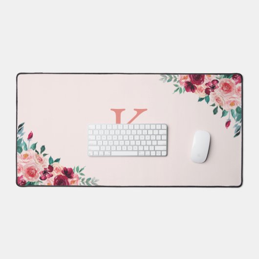 Monogram Waterverf Boho Pink Bourgondië Floral Bureaumat (Keyboard & Muis)
