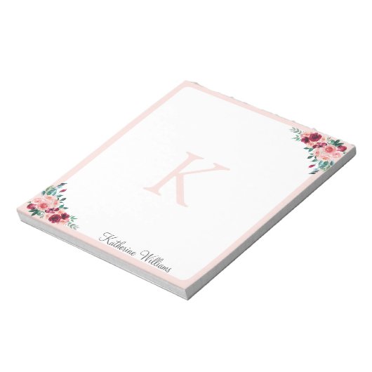 Monogram Waterverf Boho Roze Bourgogne Roos Bloem Notitieblok (Gedraaid)