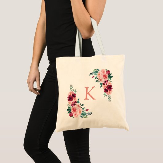 Monogram Waterverf Boho Roze Bourgogne Roos Bloem Tote Bag (Voorkant (product))