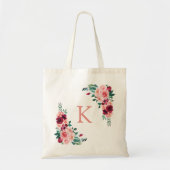 Monogram Waterverf Boho Roze Bourgogne Roos Bloem Tote Bag (Voorkant)