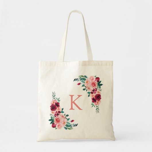 Monogram Waterverf Boho Roze Bourgogne Roos Bloem Tote Bag (Voorkant)
