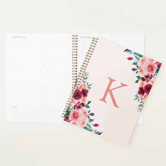 Monogram Waterverf Boho Roze Bourgondië Roos te do Planner (Display)