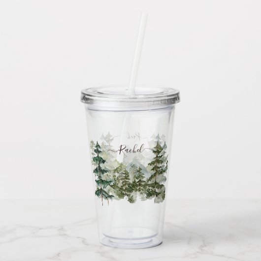 Monogram Waterverf Bos en berg Rustiek Acryl Drinkbeker (Achterkant)