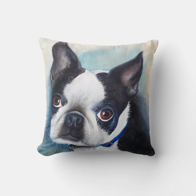MONOGRAM WATERVERF BOSTON TERRIER PORTRAT KUSSEN (Voorkant)