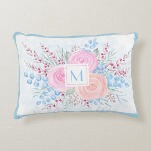 Monogram Waterverf Bouquet Roses Blue Leaves Accent Kussen