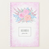 Monogram Waterverf Bouquet Roses Blue Leaves Planner (Voorkant)