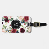 Monogram waterverf Burgundy en Navy Flowers Bagagelabel (Voorkant horizontaal)