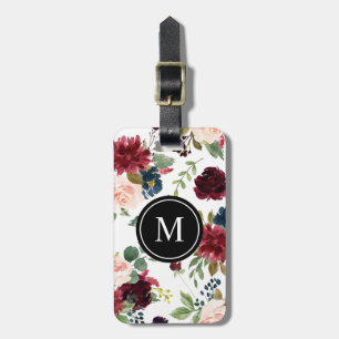 Monogram waterverf Burgundy en Navy Flowers Bagagelabel